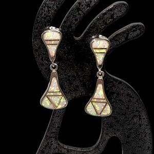 Navajo Native American Sterling Silver Lab Opal Mosaic Inlay Dangle Earrings